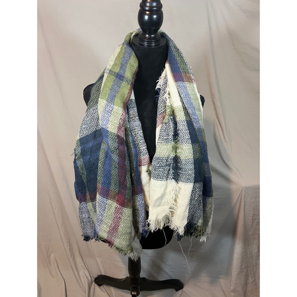 Green Navy Blue Plaid Oversized Blanket Scarf Square Frayed Fringe Wrap Shawl‎